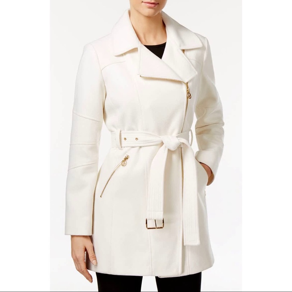 Michael Kors Ivory Asymmetrical Belted Walker Coat